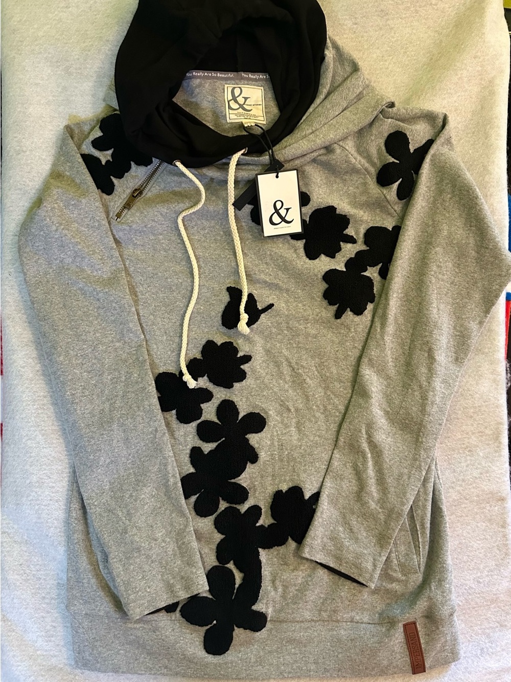 NWT Ampersand Avenue DoubleHood Sweatshirt Spring Bloom Grey Black Floral Size S
